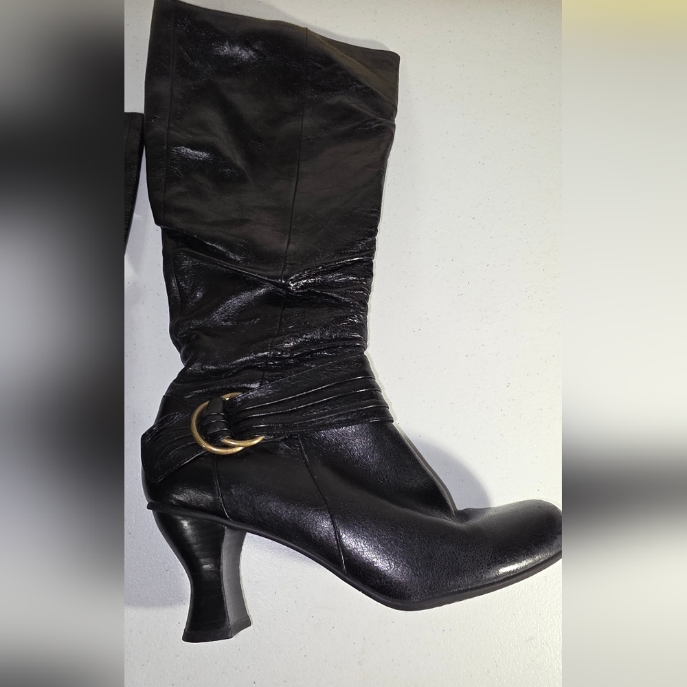 Miz Mooz Audrey Black Leather Heeled Boots with Gold Buckle Size 8.5M Zippered